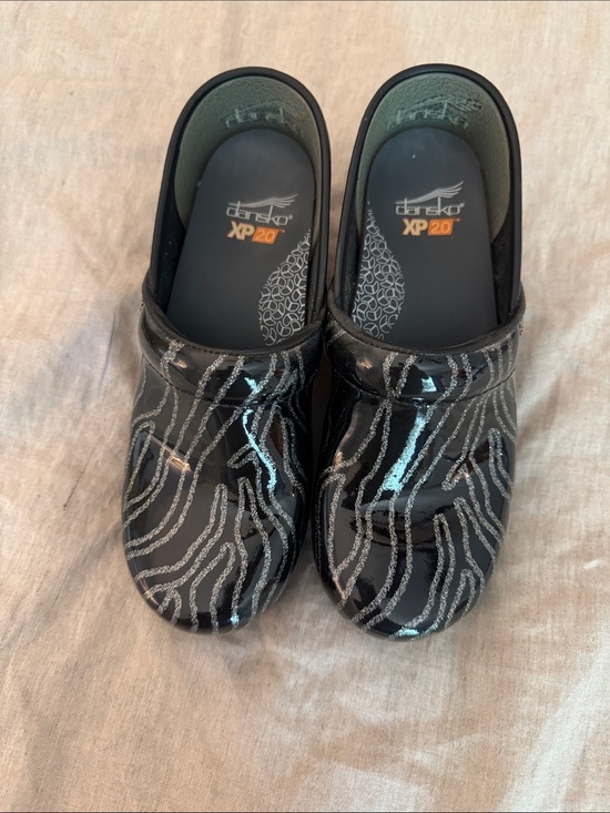 Dansko Shoes - Dansko Black Patent Slip-On Clogs with Silver Zebra Stripes